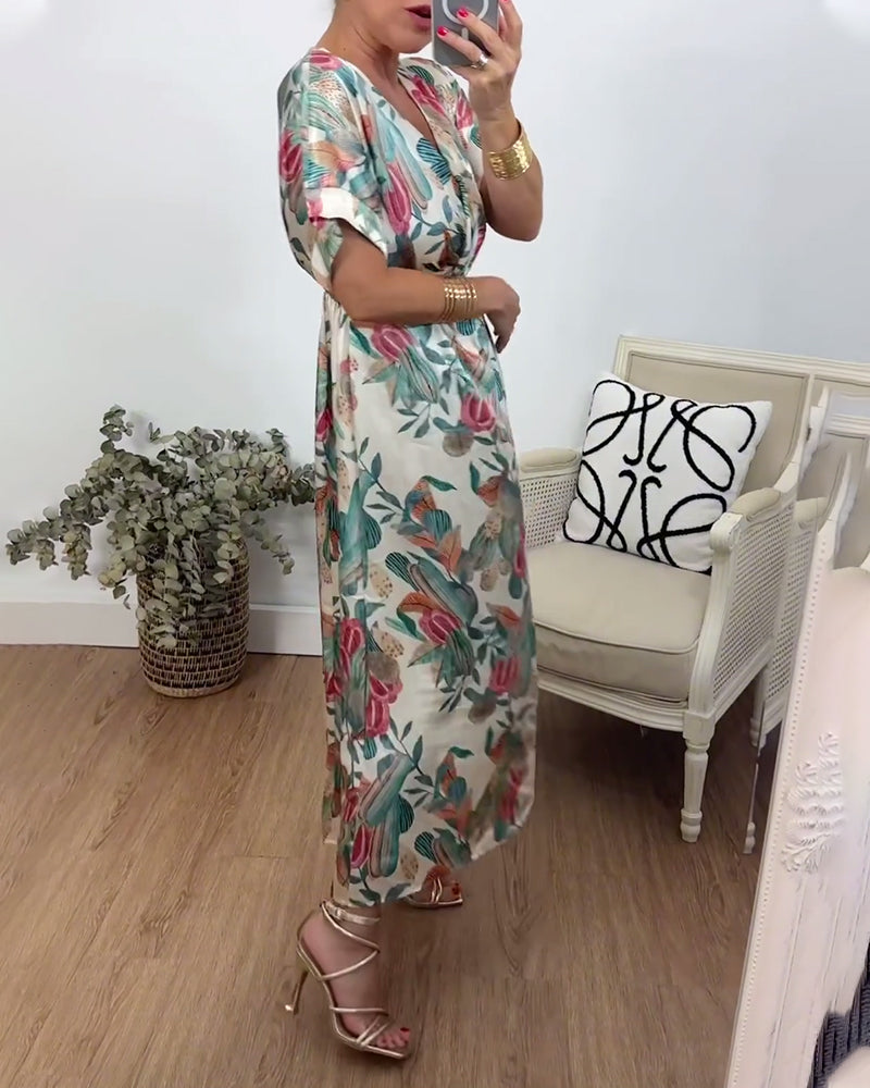 Botanical print v-neck twist elegant dress