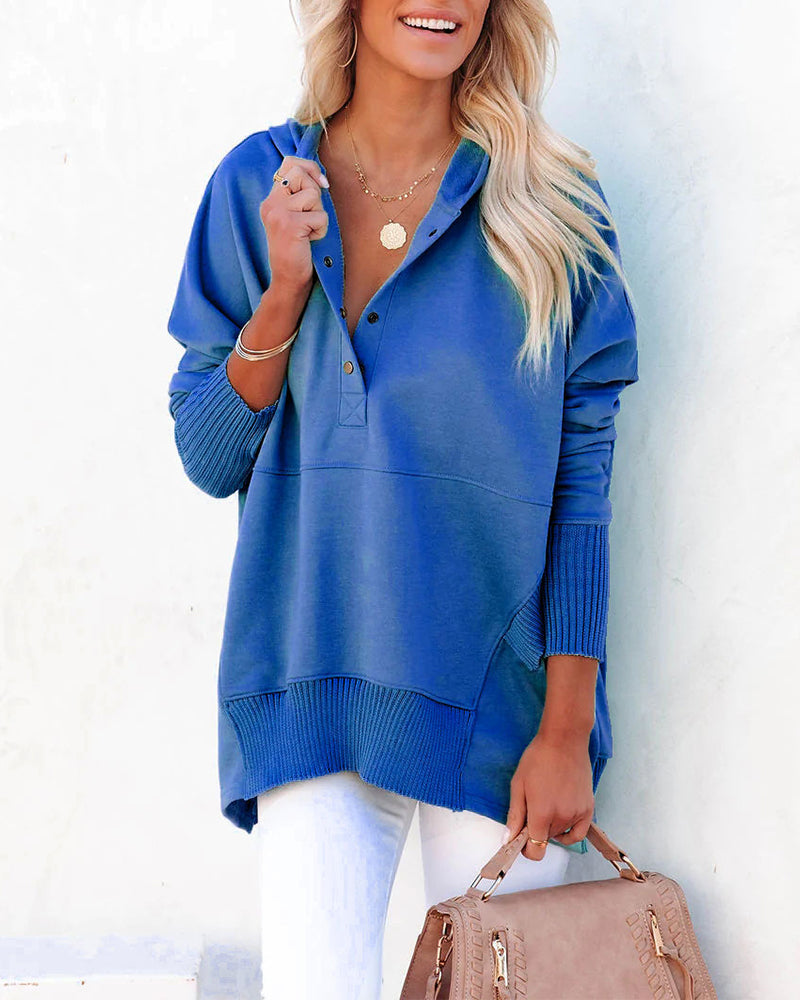 Casual V-Neck Hooded Solid Color Loose Sweatshirt