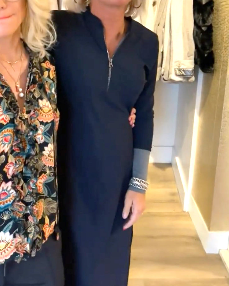 Casual V Neck Dress with Zipper