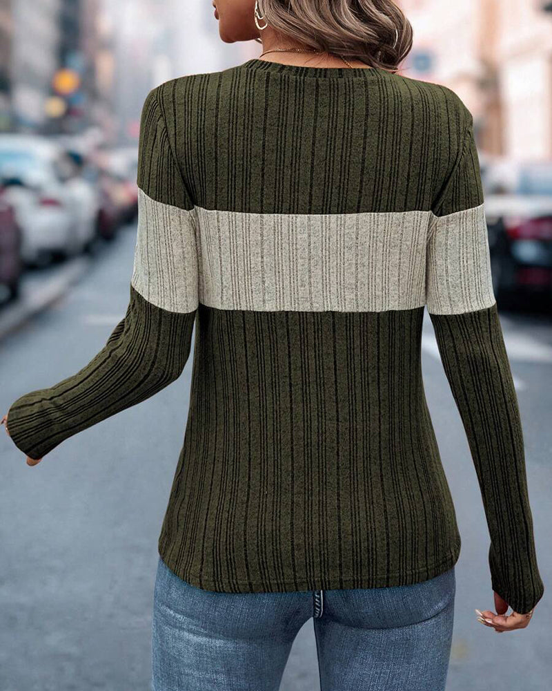 Casual color block printed round neck top