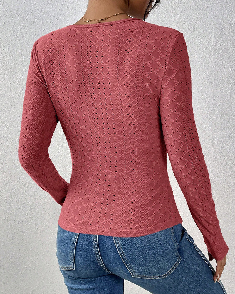 V-Neck Lace Panel Long-Sleeved Top