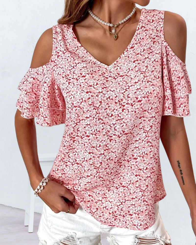 Cold Shoulder Floral Print  T-shirt