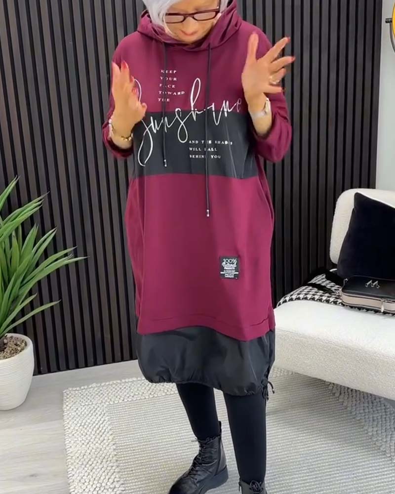 Casual color block letter print pocket hooded dress
