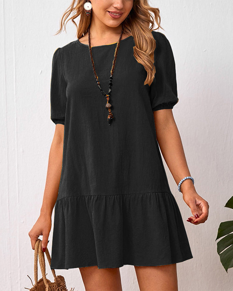 Cotton Linen Dress with Puff Sleeves