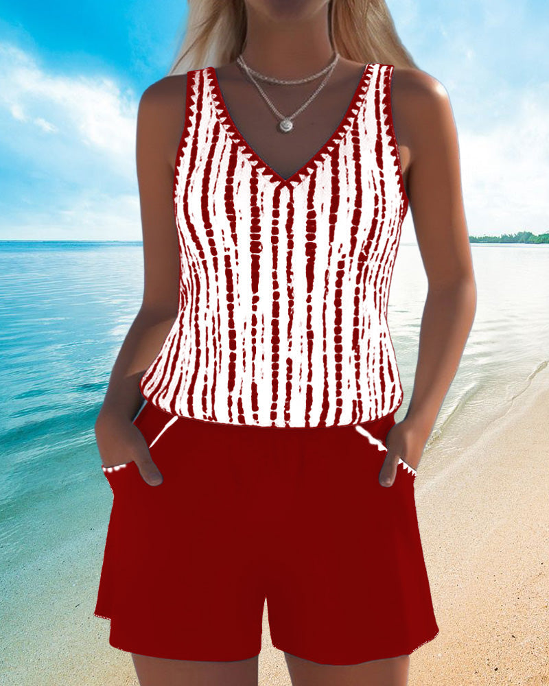 Casual Pocket V-Neck Printed Two-Piece Swimsuit
