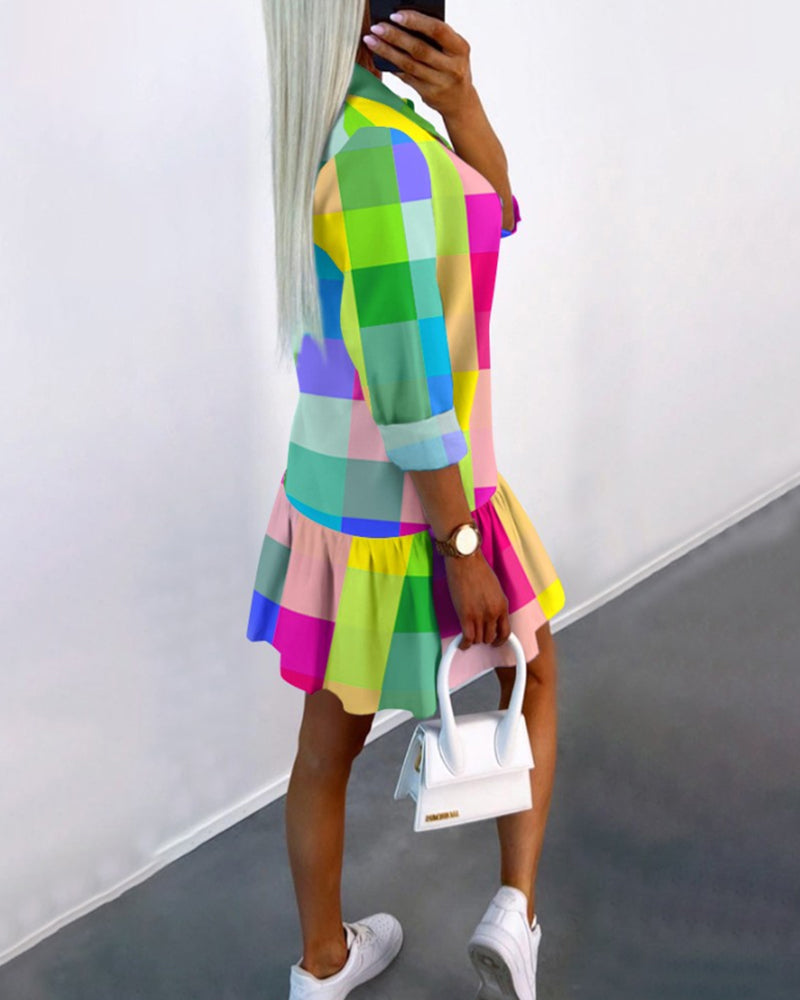 Colorful plaid print shirt dress