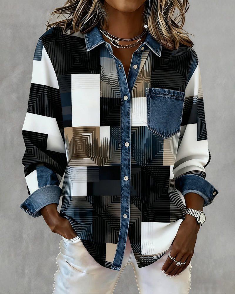 Color Block Fashionable Lapel Shirt