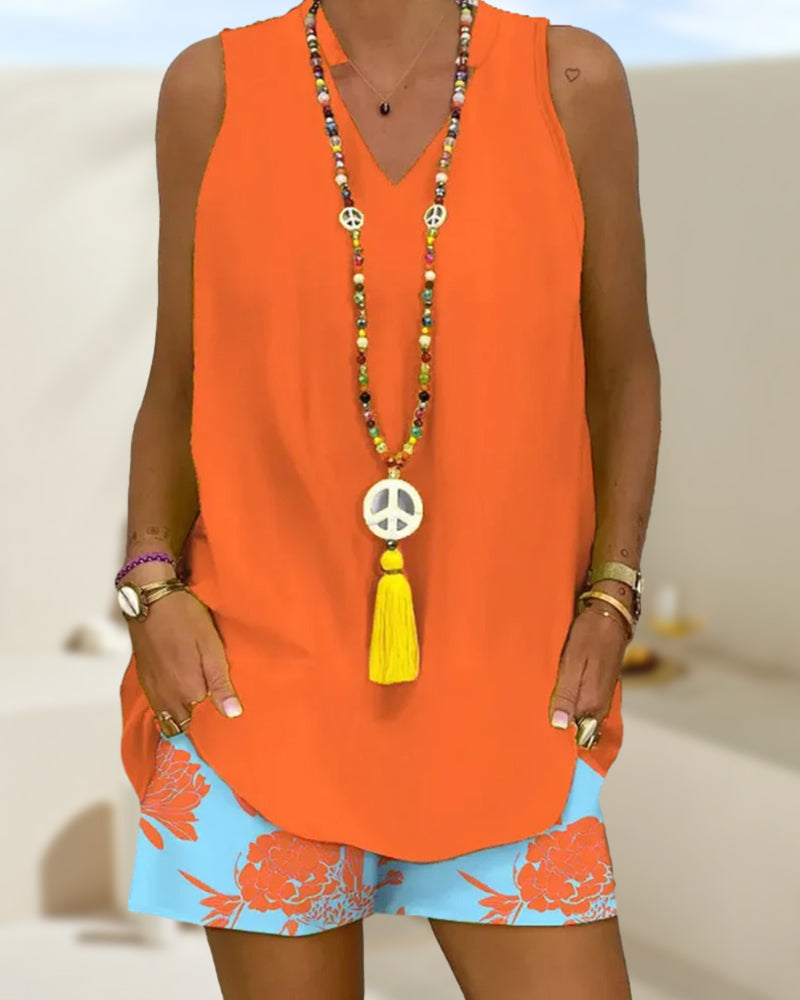 Sleeveless vest and shorts two piece set