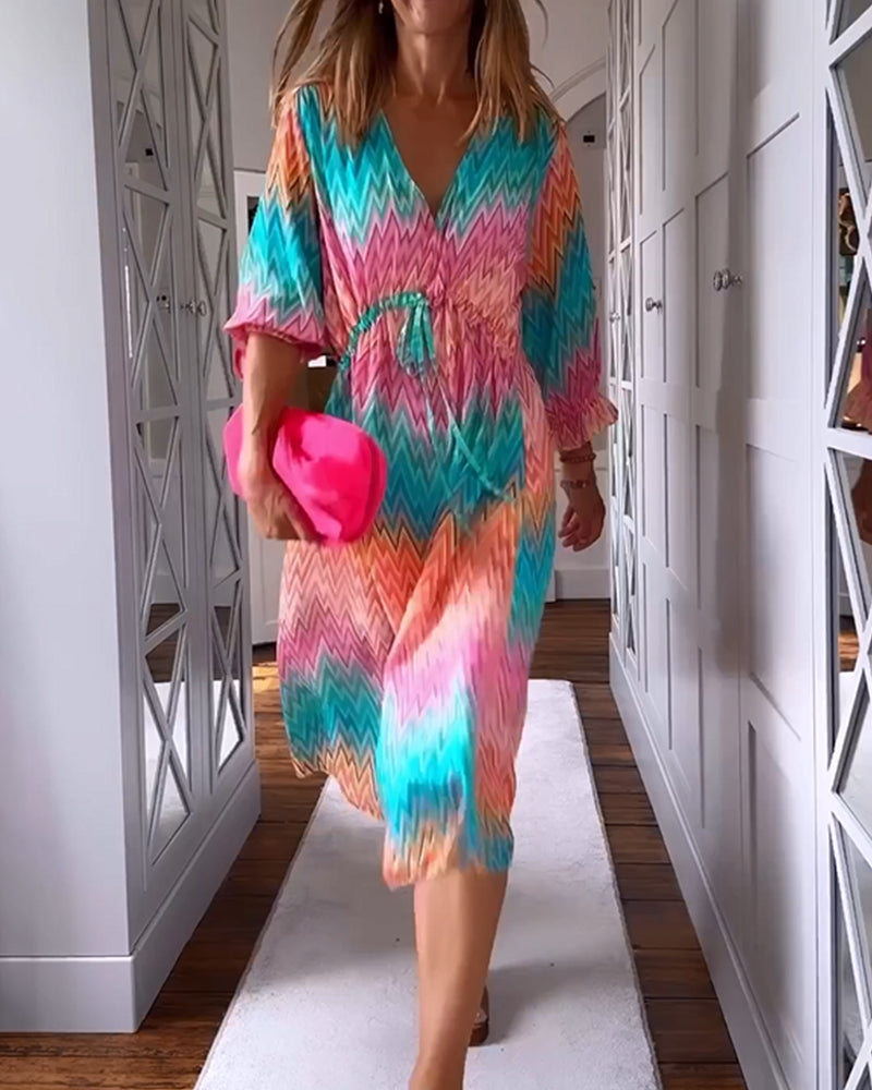 Color block printed v-neck dress