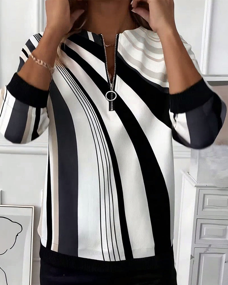 Casual Zipper Geometric Print T-Shirt