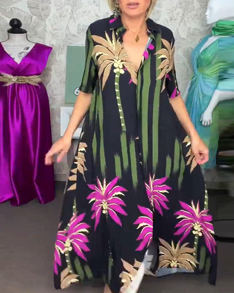 Casual leaf print slit short sleeve loose dress