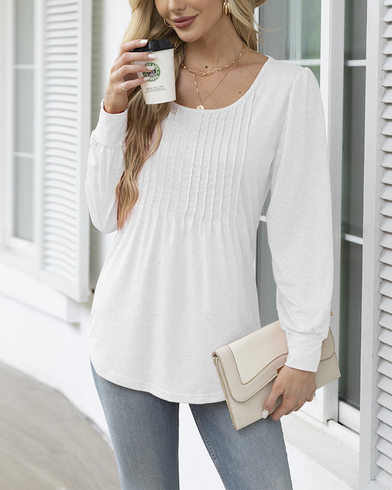 Casual solid color round neck pleated top
