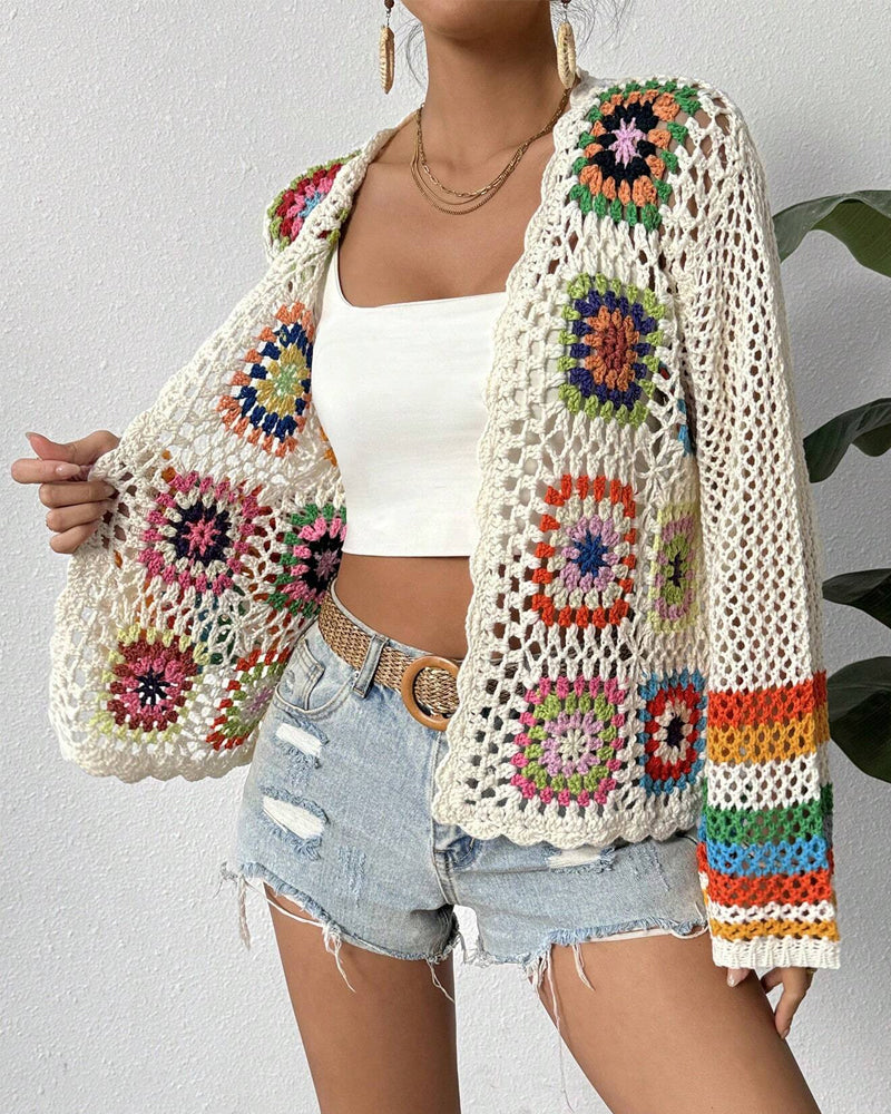 Casual colorful hollow long-sleeve cardigan