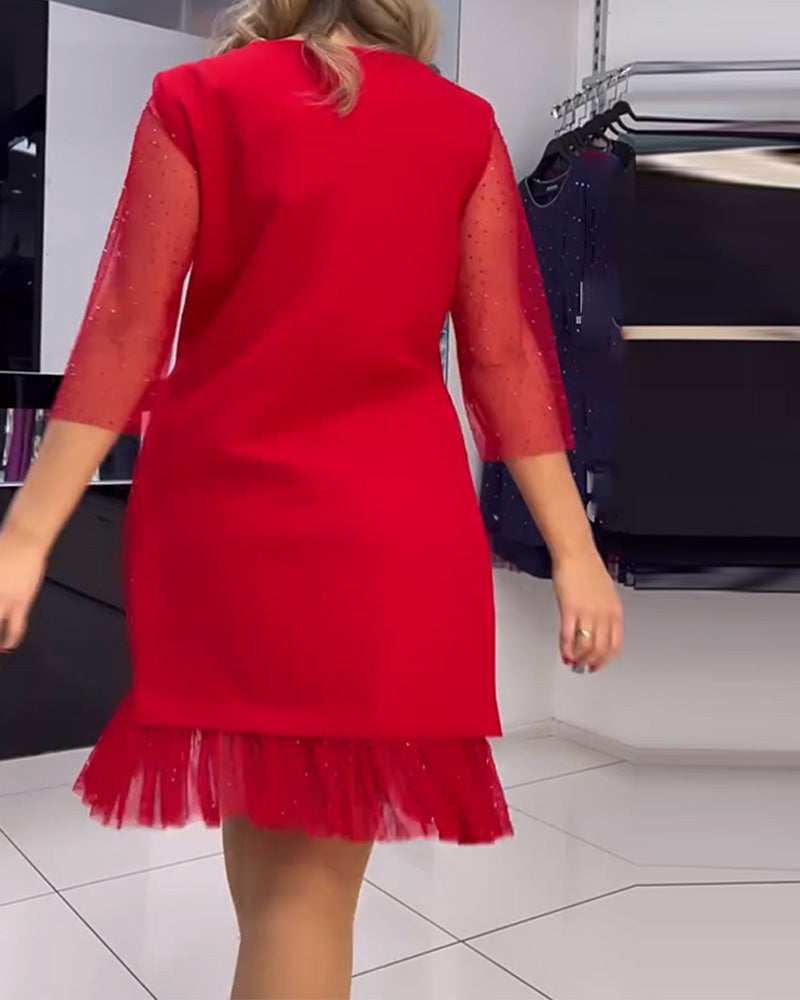 Solid color mesh stitching sequin dress