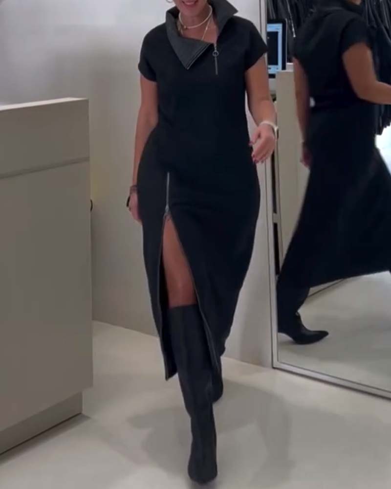 Casual Asymmetrical Neck Zipper Slit Dress