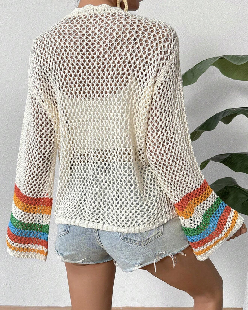 Casual colorful hollow long-sleeve cardigan