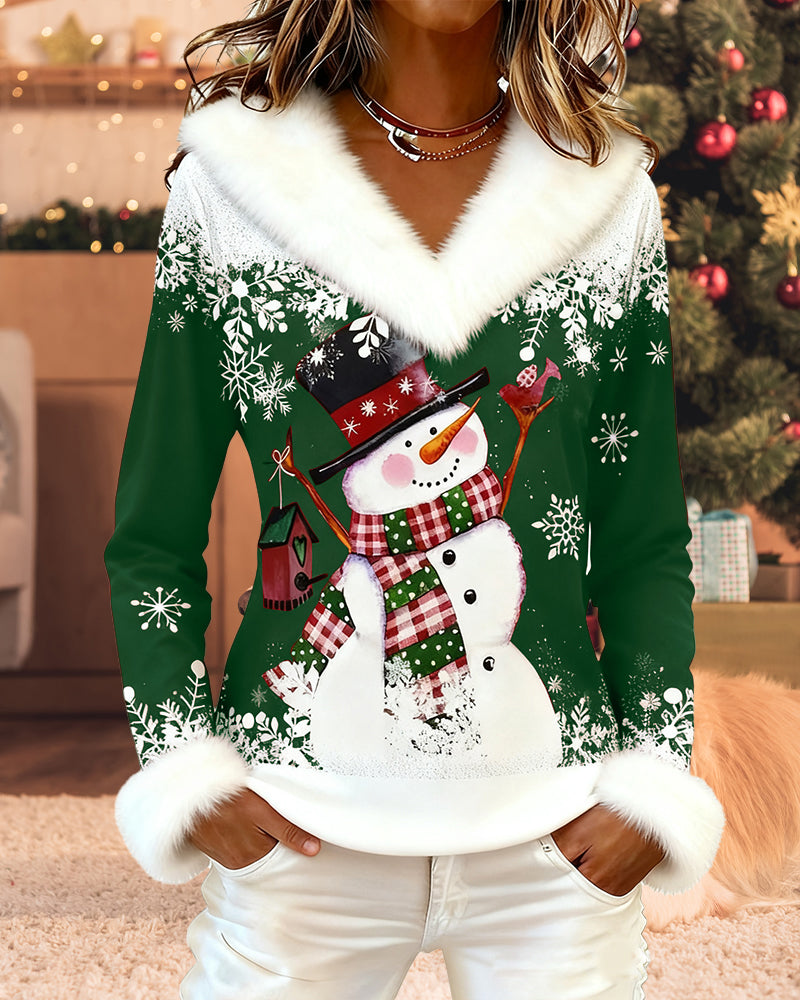 Christmas Snowman Fur Collar Patchwork Top