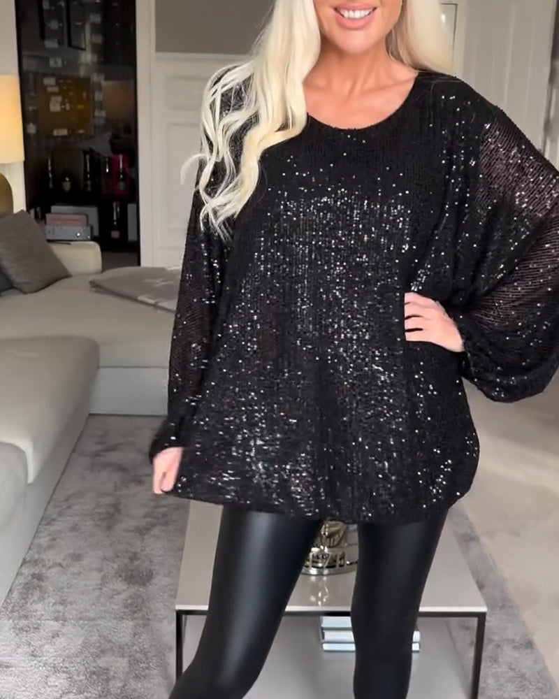 Balloon sleeve round neck sequin top