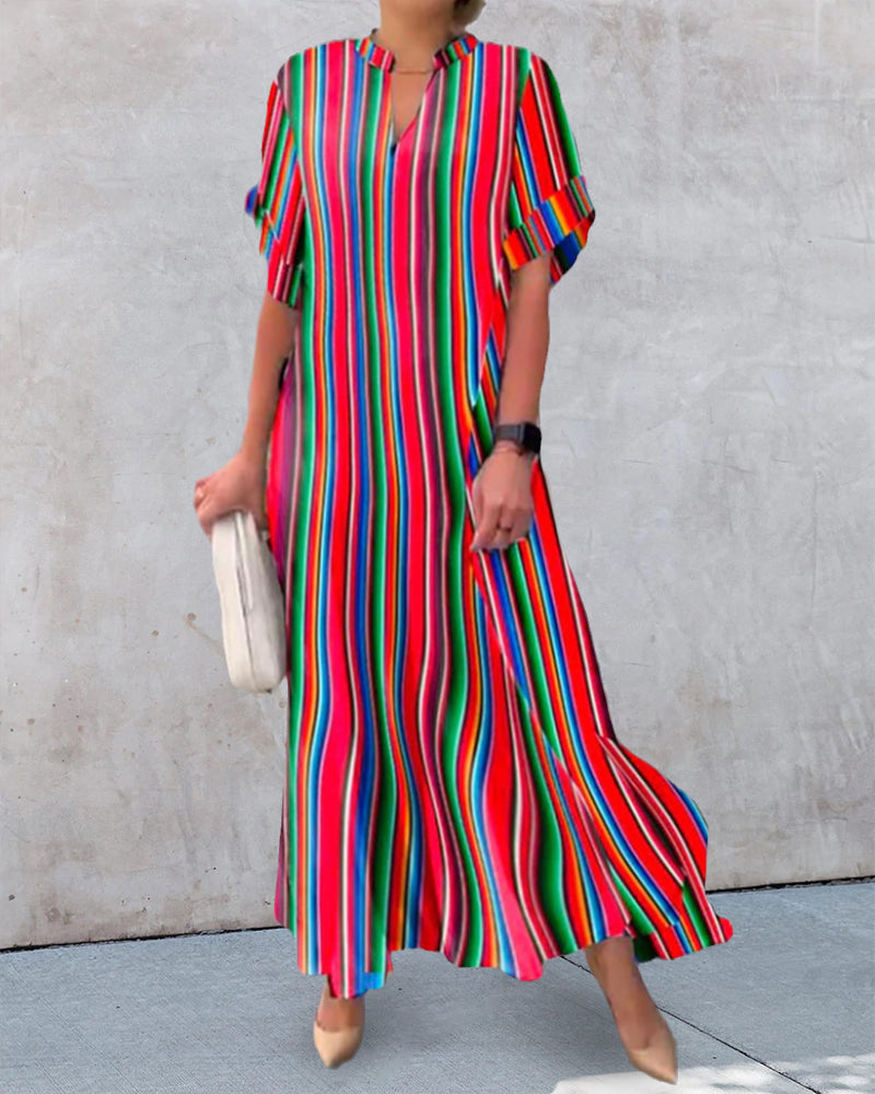 Colorful V-neck Dress in Stripe Print