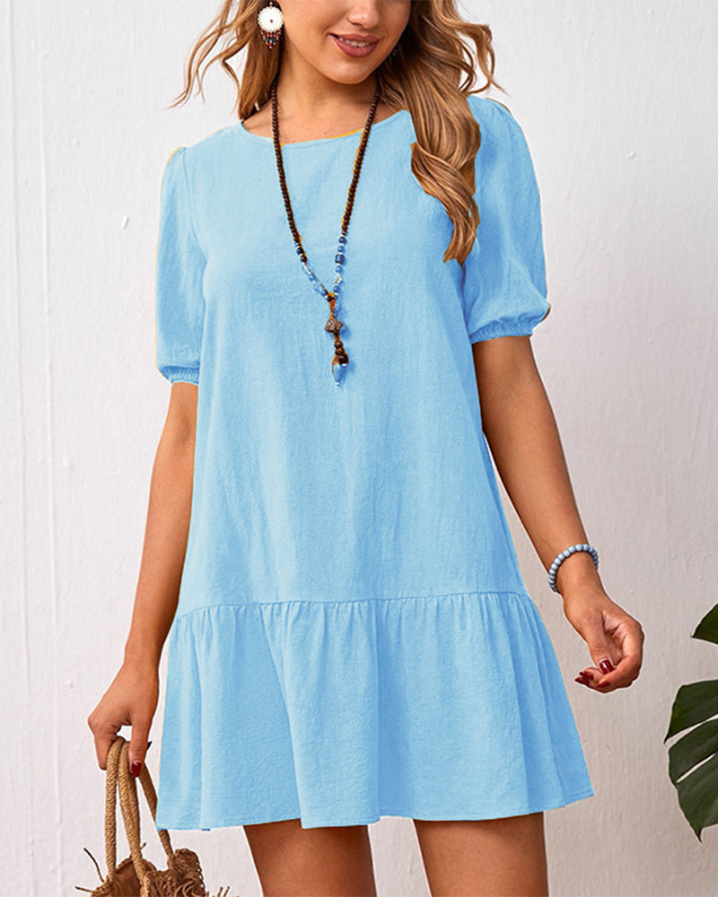 Cotton Linen Dress with Puff Sleeves