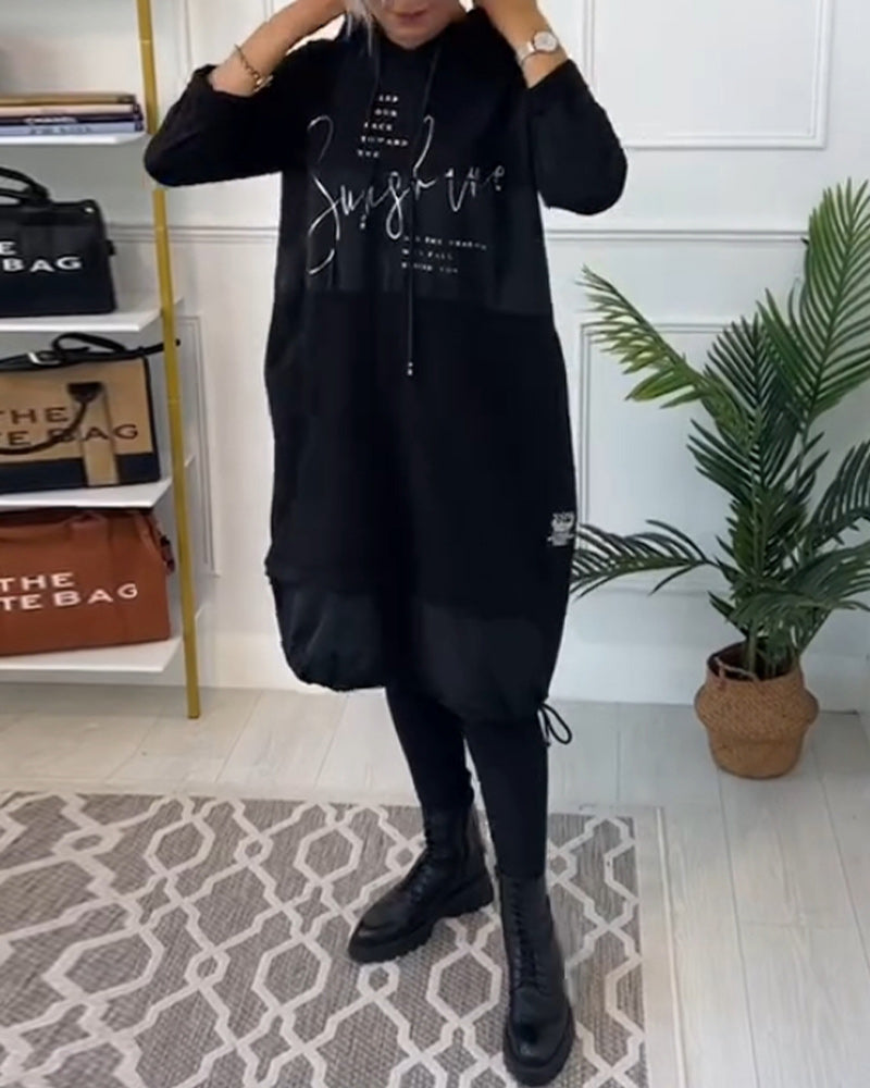 Casual color block letter print pocket hooded dress