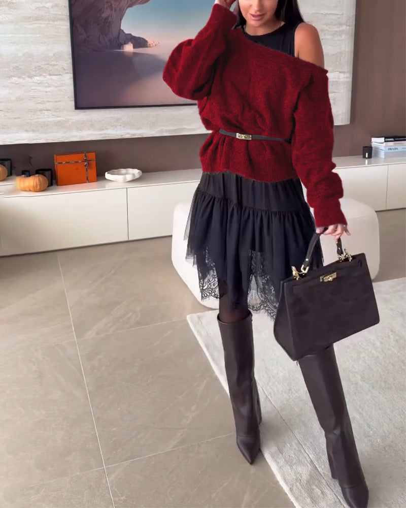 Off-Shoulder Loose Jumper & Lace Hem Dress