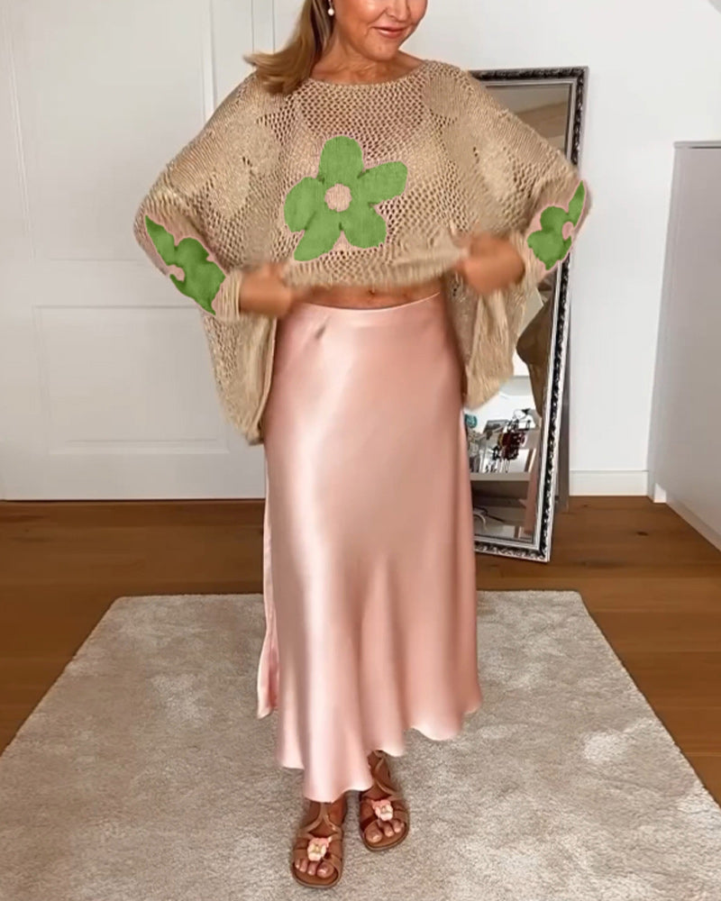 Casual floral round neck long sleeve hollow pullover