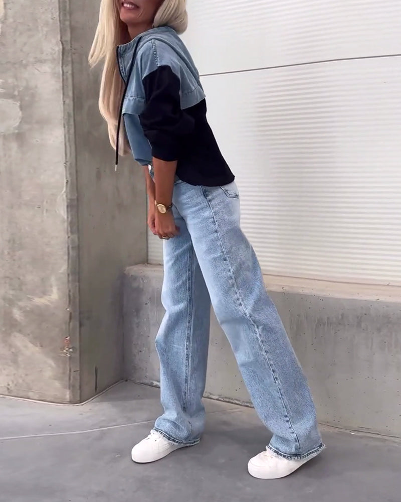 Casual denim patchwork zipper hoodie