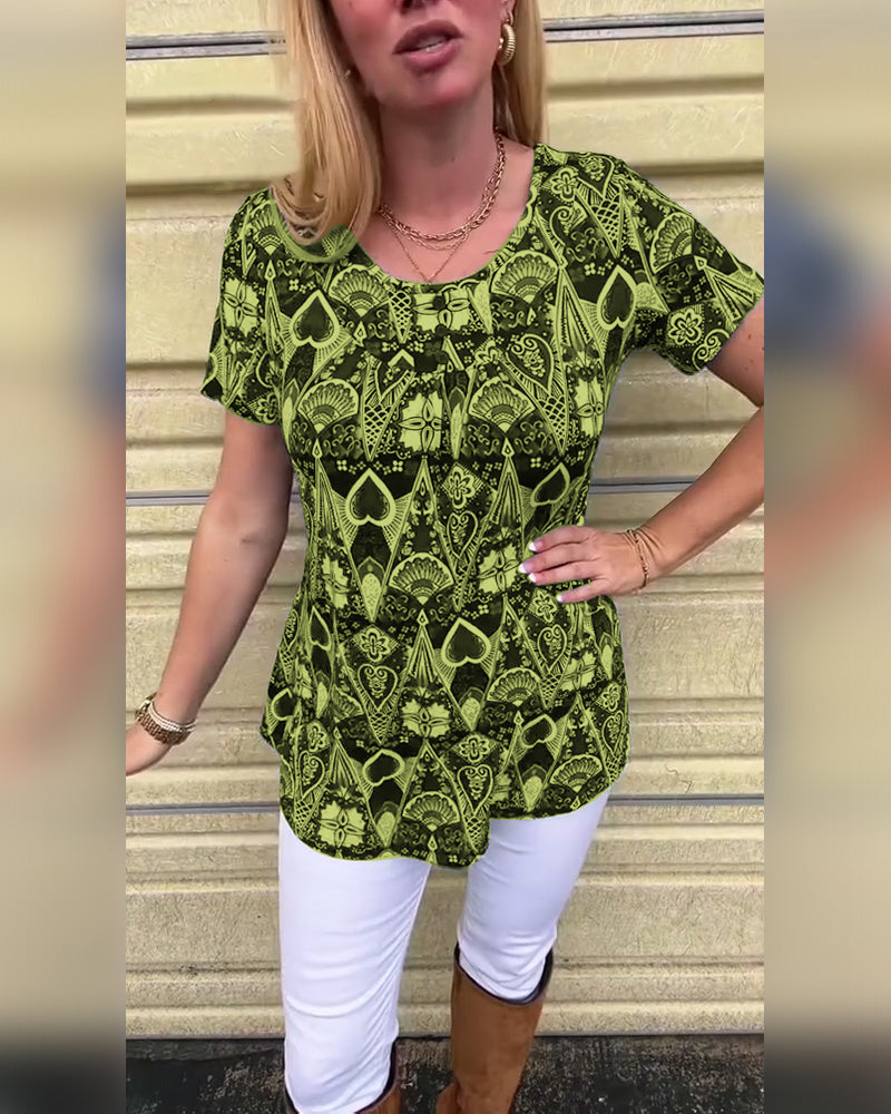 Casual Retro Crew Neck Printed T-Shirt