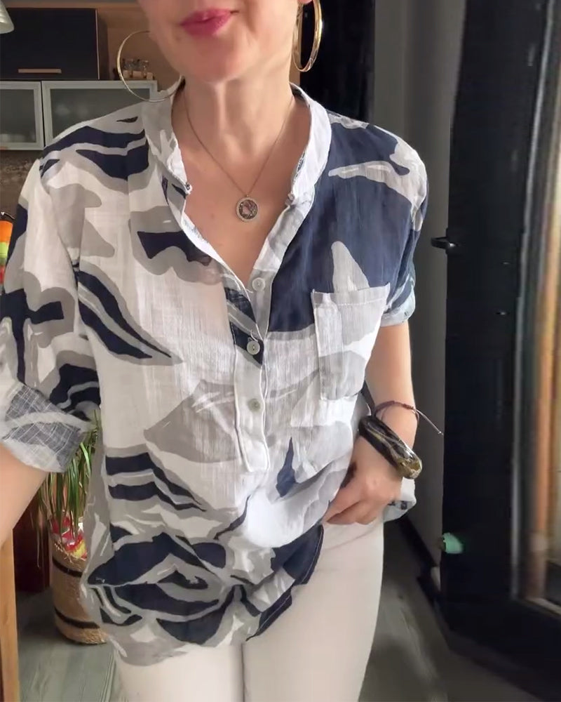 Casual Stand Collar Printed Blouse