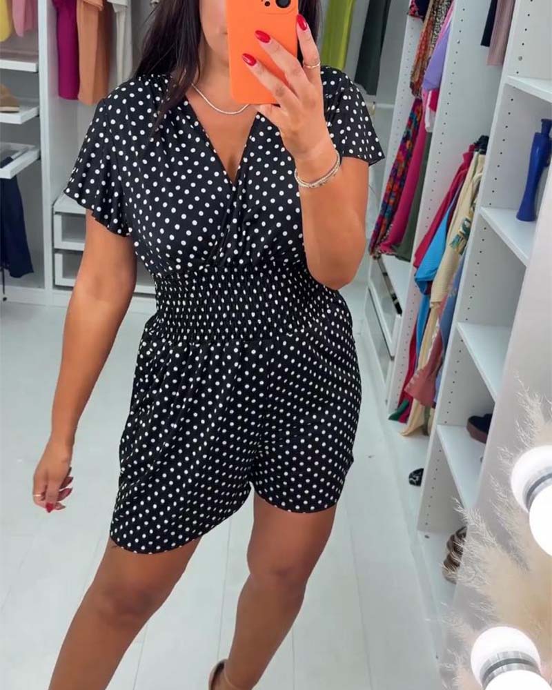 Casual polka dot printed V-neck short-sleeve jumpsuit