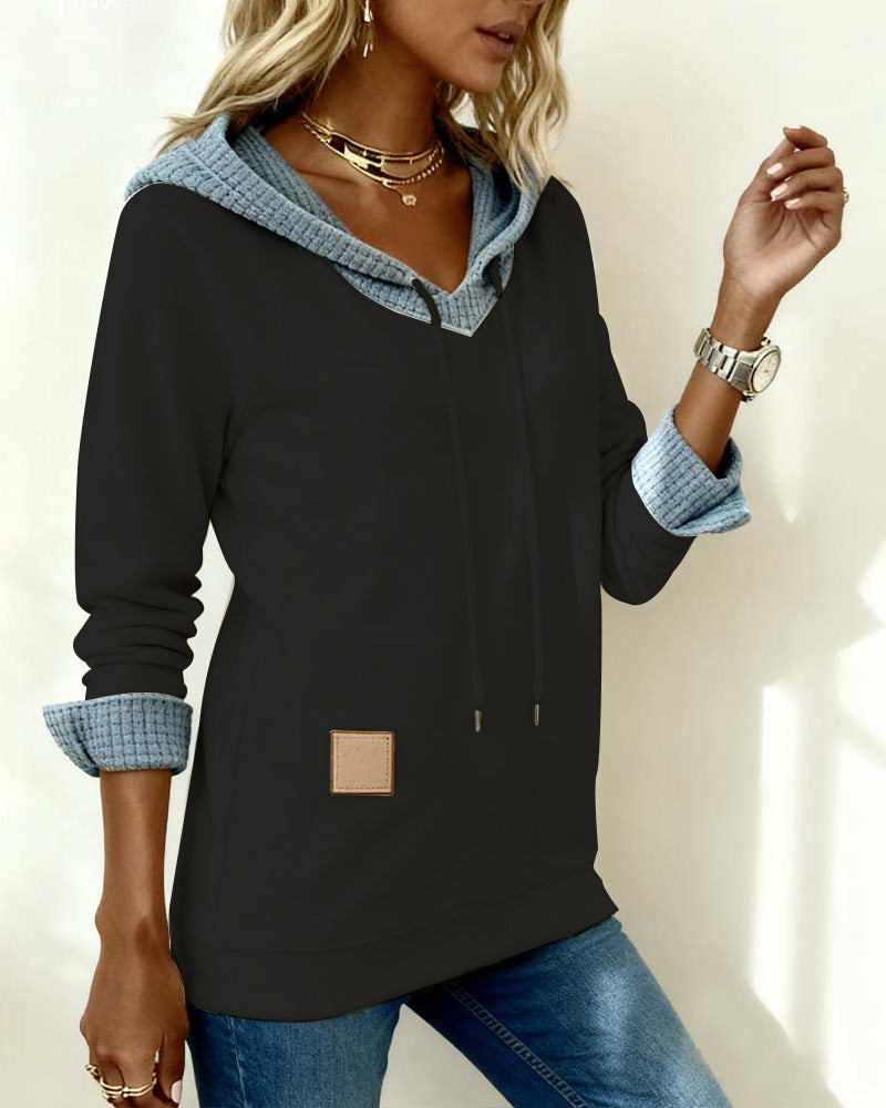 Casual Hooded Waffle-Paneled Sweatshirt