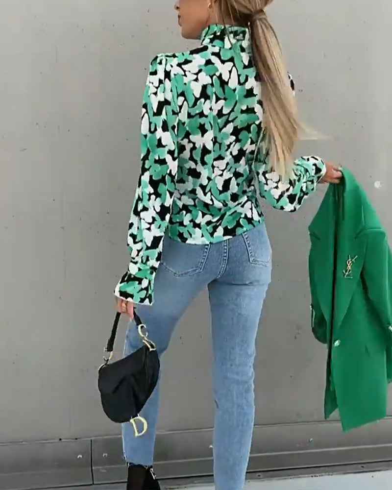 Butterfly print stand collar long sleeve shirt