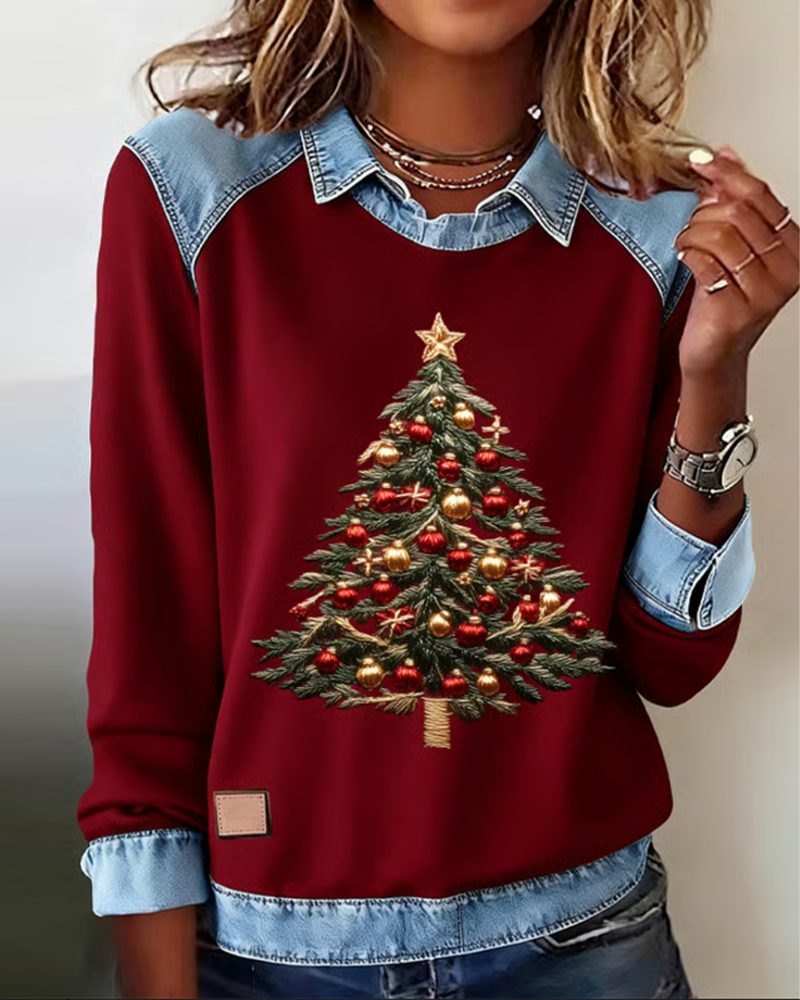 Denim Patchwork Christmas Print Sweatshirt
