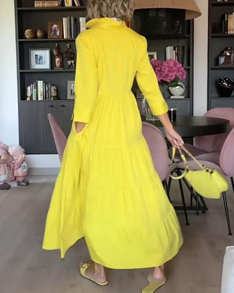 Casual solid color lapel pocket patchwork dress