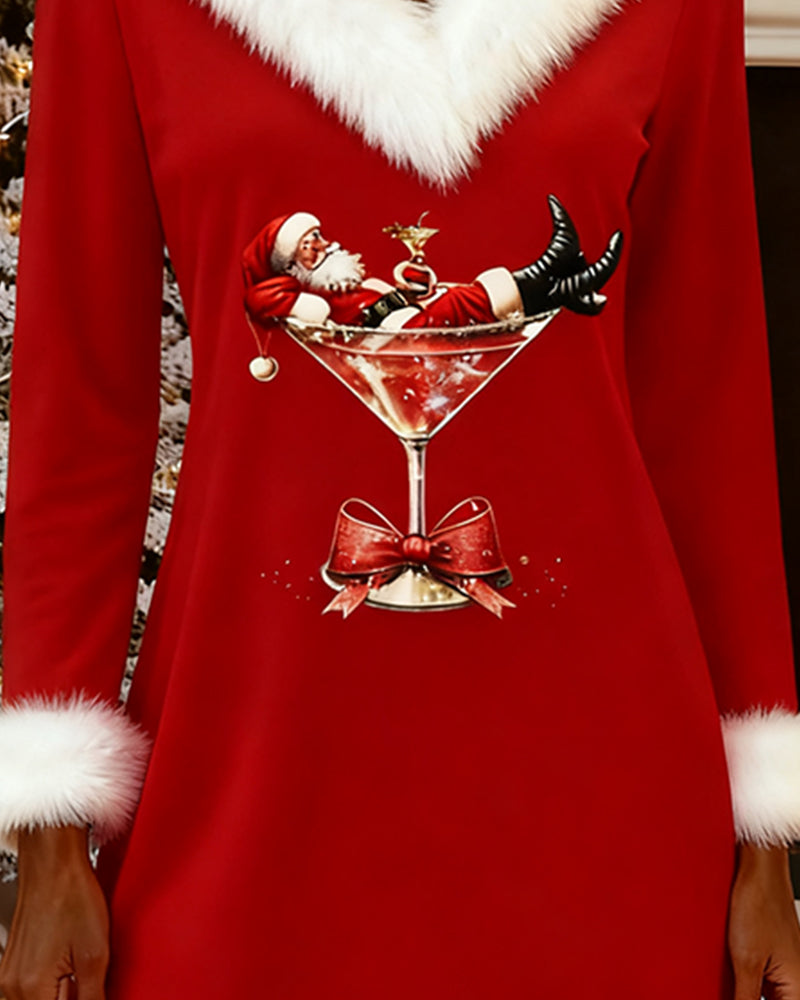 Fur Collar Christmas Print Dress