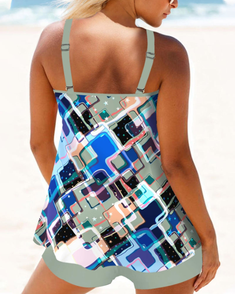 Color block printed tankini swimsuit