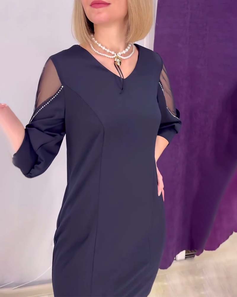 Half-sleeved V-neck Rhinestone Stitching Dress