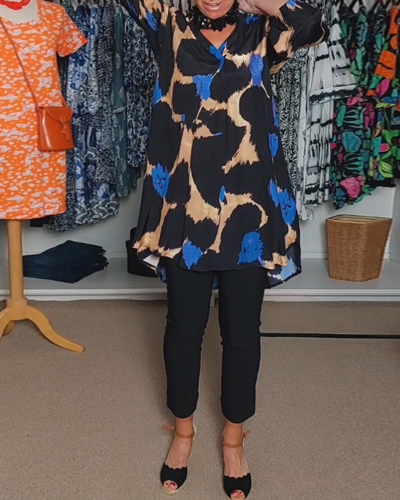 Contrast color print V-neck casual long-sleeve blouse