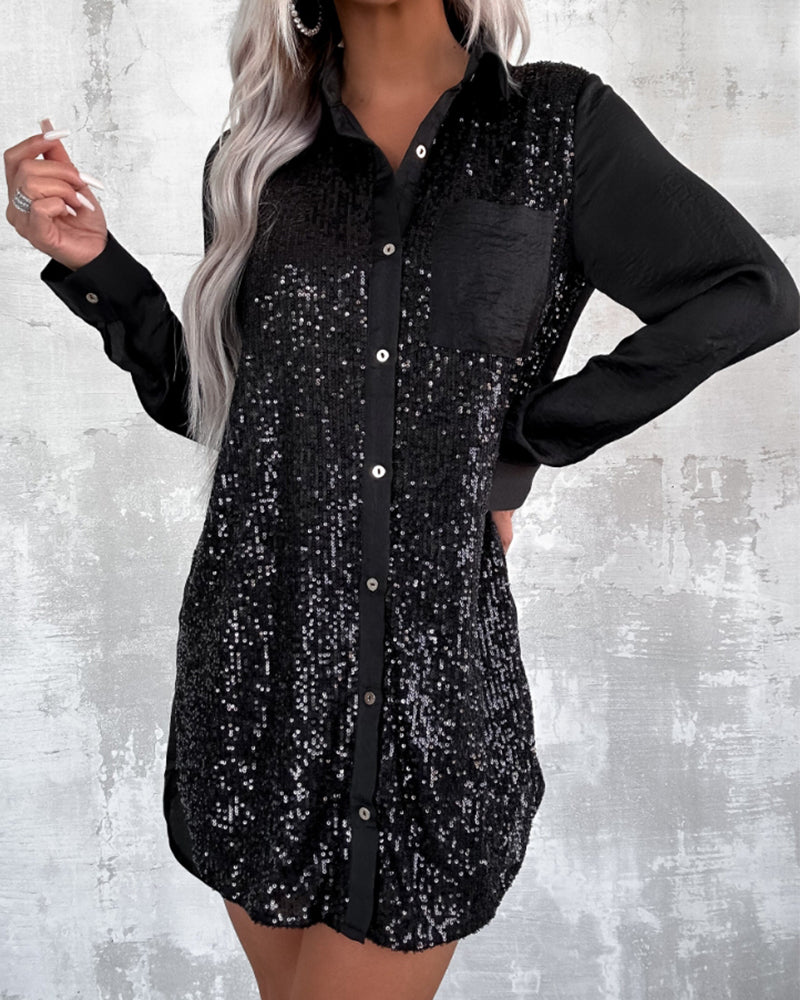 Lapel Button Sequined Shirt