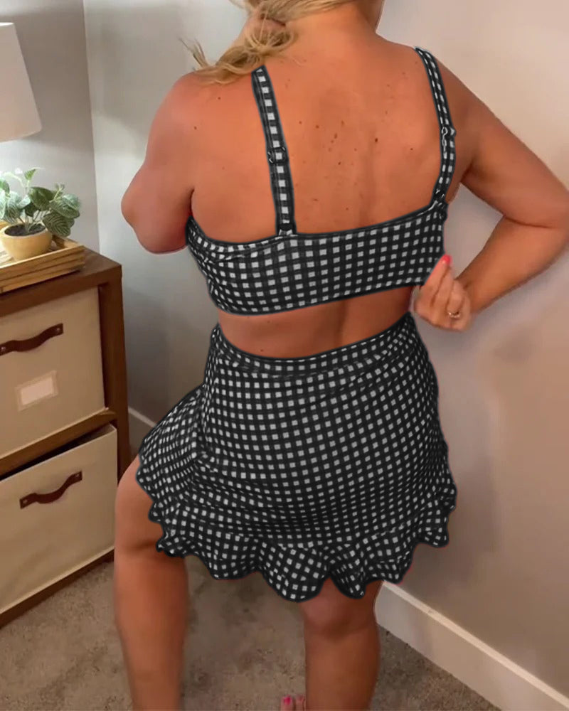 Casual Strap Plaid Print Two-Piece Swimsuit