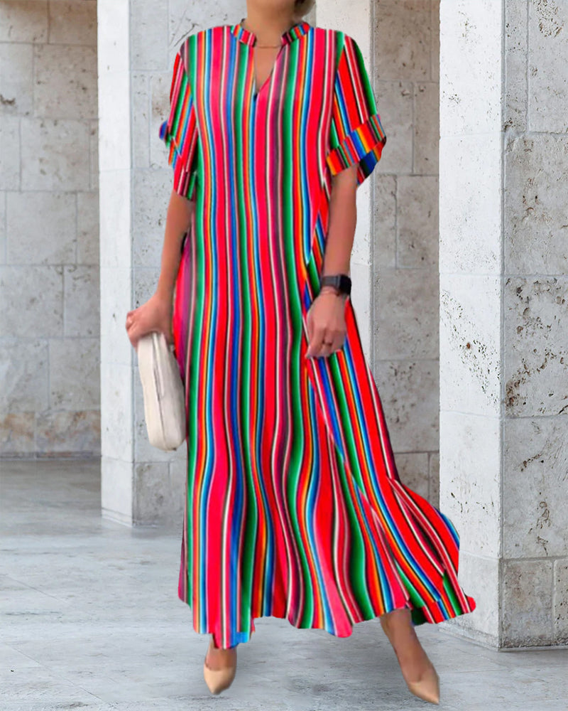 Colorful V-neck Dress in Stripe Print