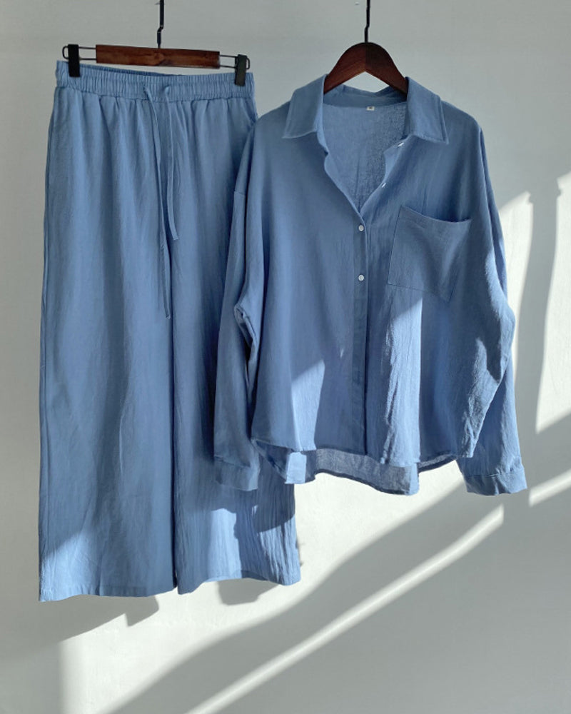 Solid color shirt pants two piece set