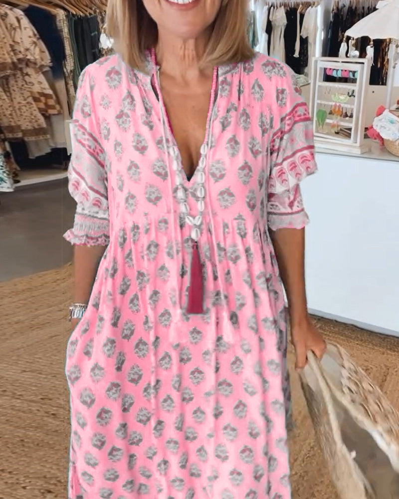 Casual printed V-neck half-sleeve dress