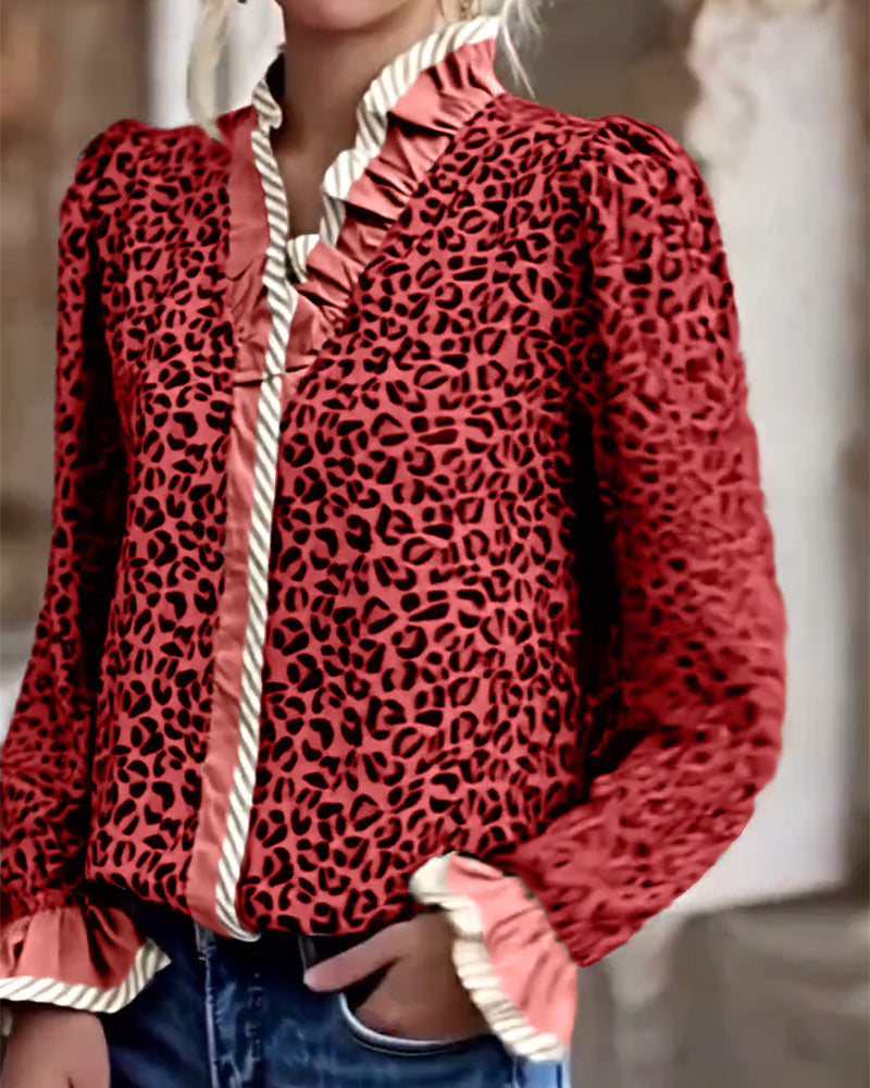 Casual Leopard Print Long-Sleeved Blouse