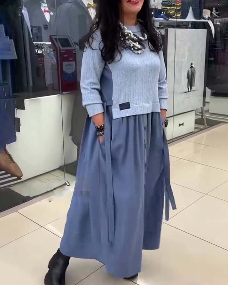 Casual Color-Blocked Round Neck Dress