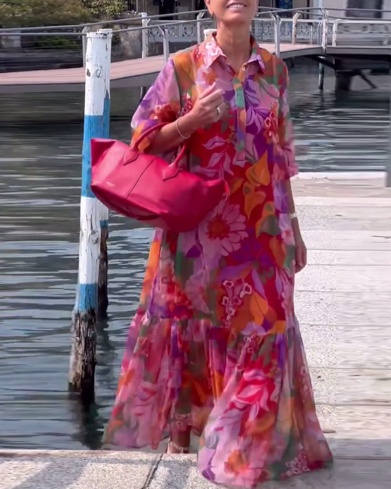 Colorful Printed Lantern Sleeve Loose Dress