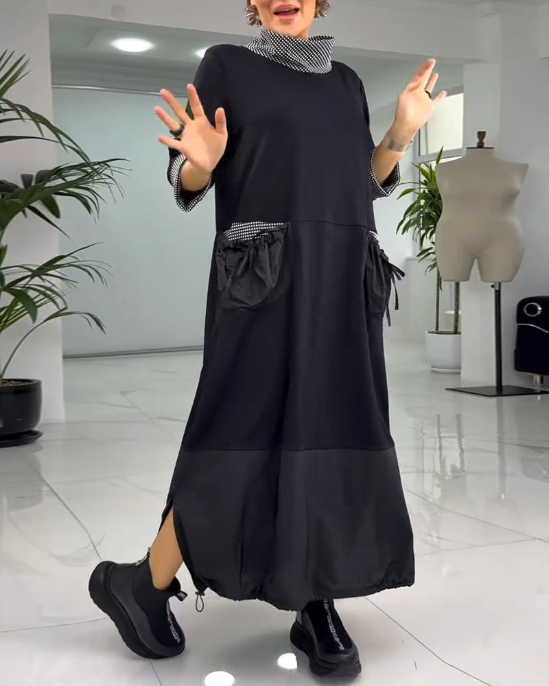 Casual plaid patchwork high collar pocket dress