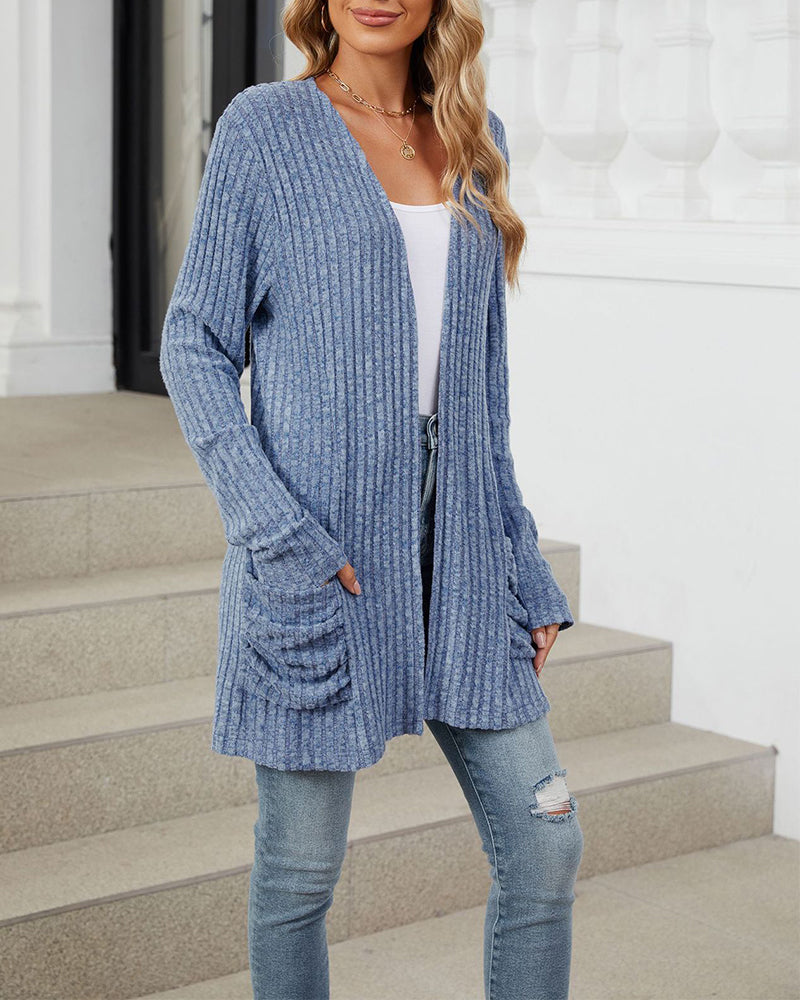 Casual solid color pocket long sleeve cardigan
