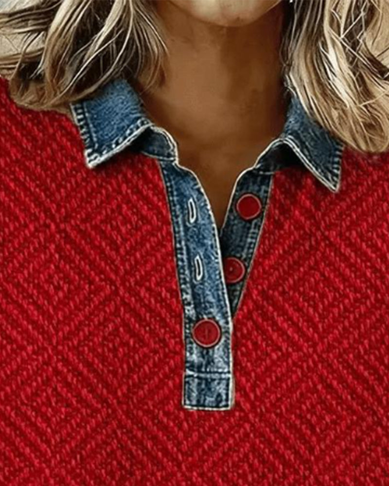 Collared Denim Patchwork Sweatshirt